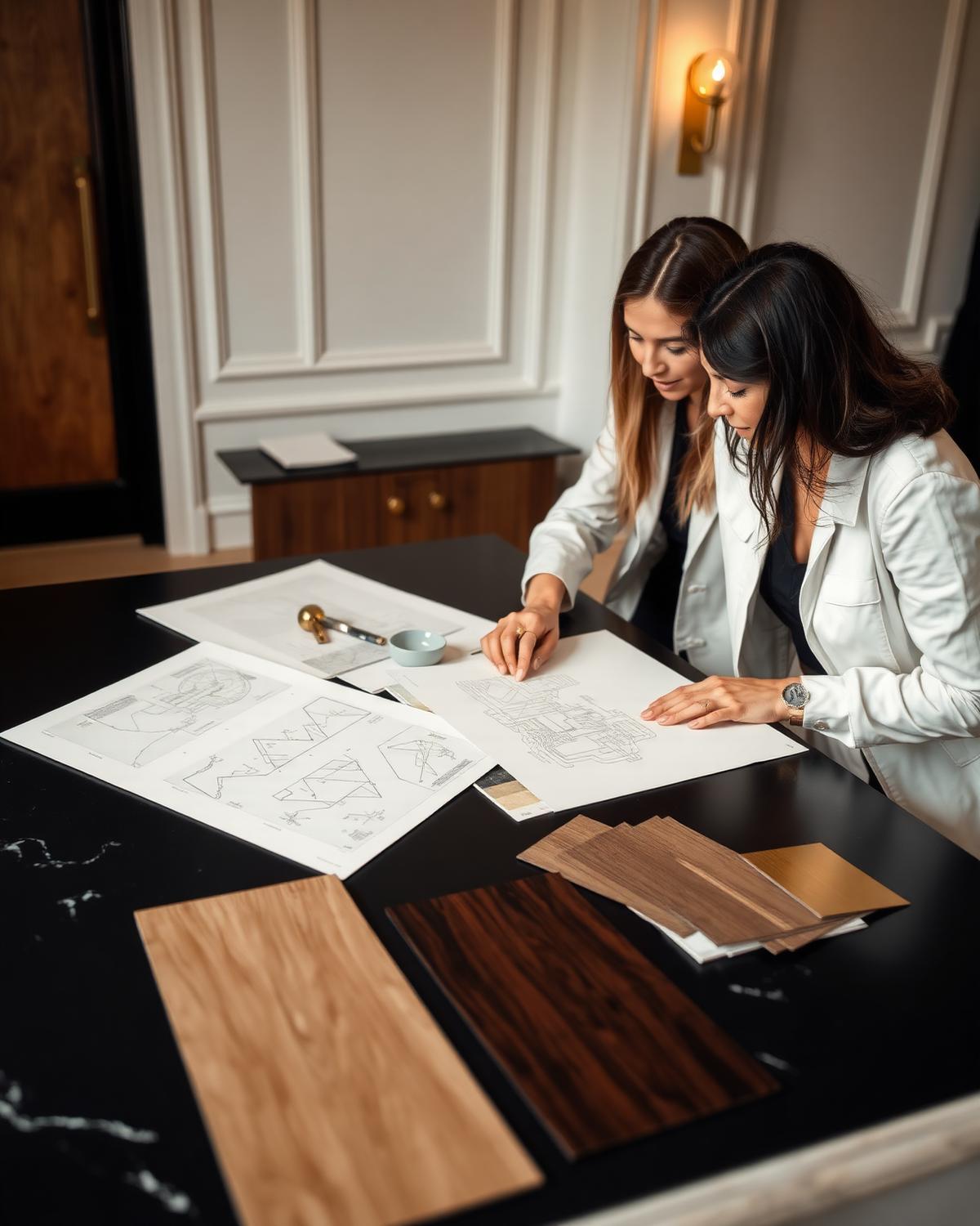 NewTech Interiors designers reviewing material samples